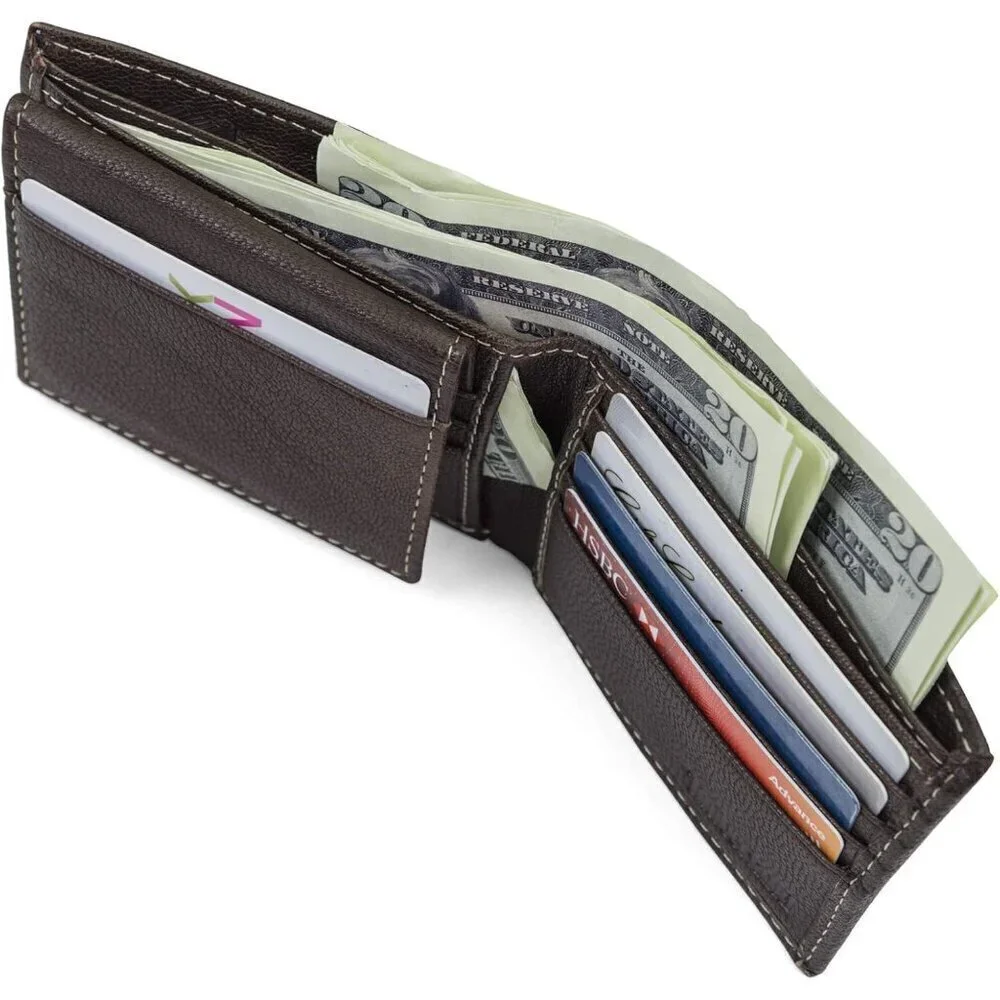 🆕Men Brown Leather Passcase Security RFID Wallet, Dark Brown, One Size